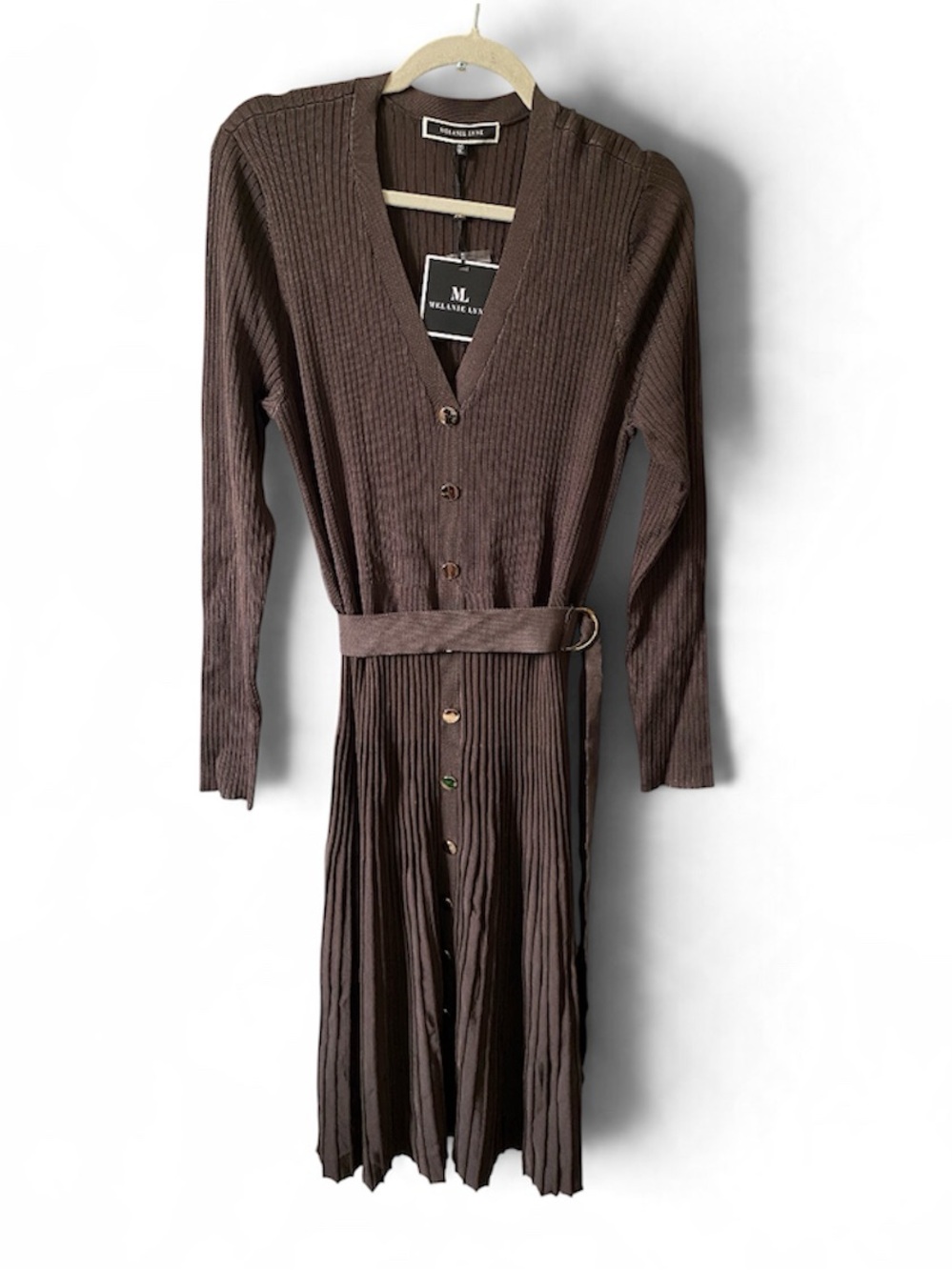 MELANIE Lyn Brown Ribbed Button-Front Pleated Knit Midi Maxi Dress with Belt XL